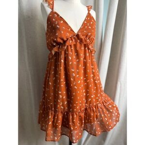 Rust Orange Floral Ruffle Strap Babydoll Mini Dress Size Small